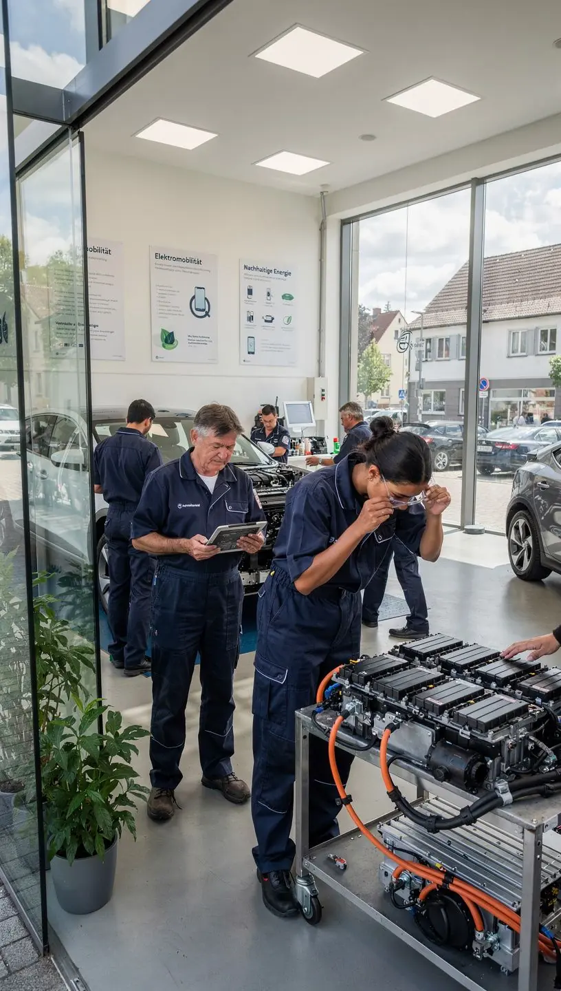 Moderne Werkstatt für Hybrid- und Elektrofahrzeuge mit Fokus auf Batteriediagnose und Reparatur