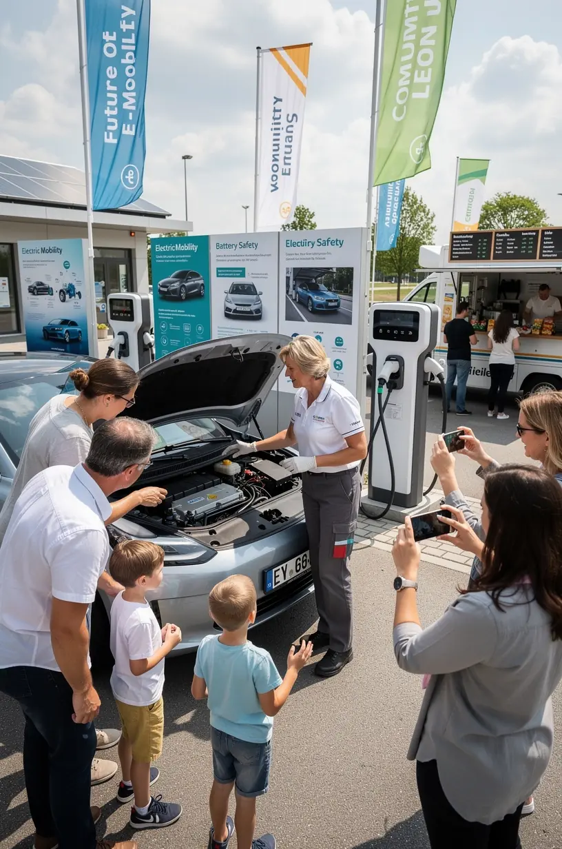 Techniker überprüft Hochvoltbatterie eines Elektroautos mit modernem Diagnosesystem